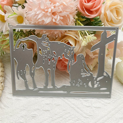 1pc Creativity Religion Cross Mourn Martyr Grave Gravestone Cross Horse Border Background Metal Die Cut Frame First Holy Communion Baptism Dies Stencils Embossing Template for DIY Scrapbooking, Greeting Card Cutting Dies for Artist Greetings Cards, Die Cu