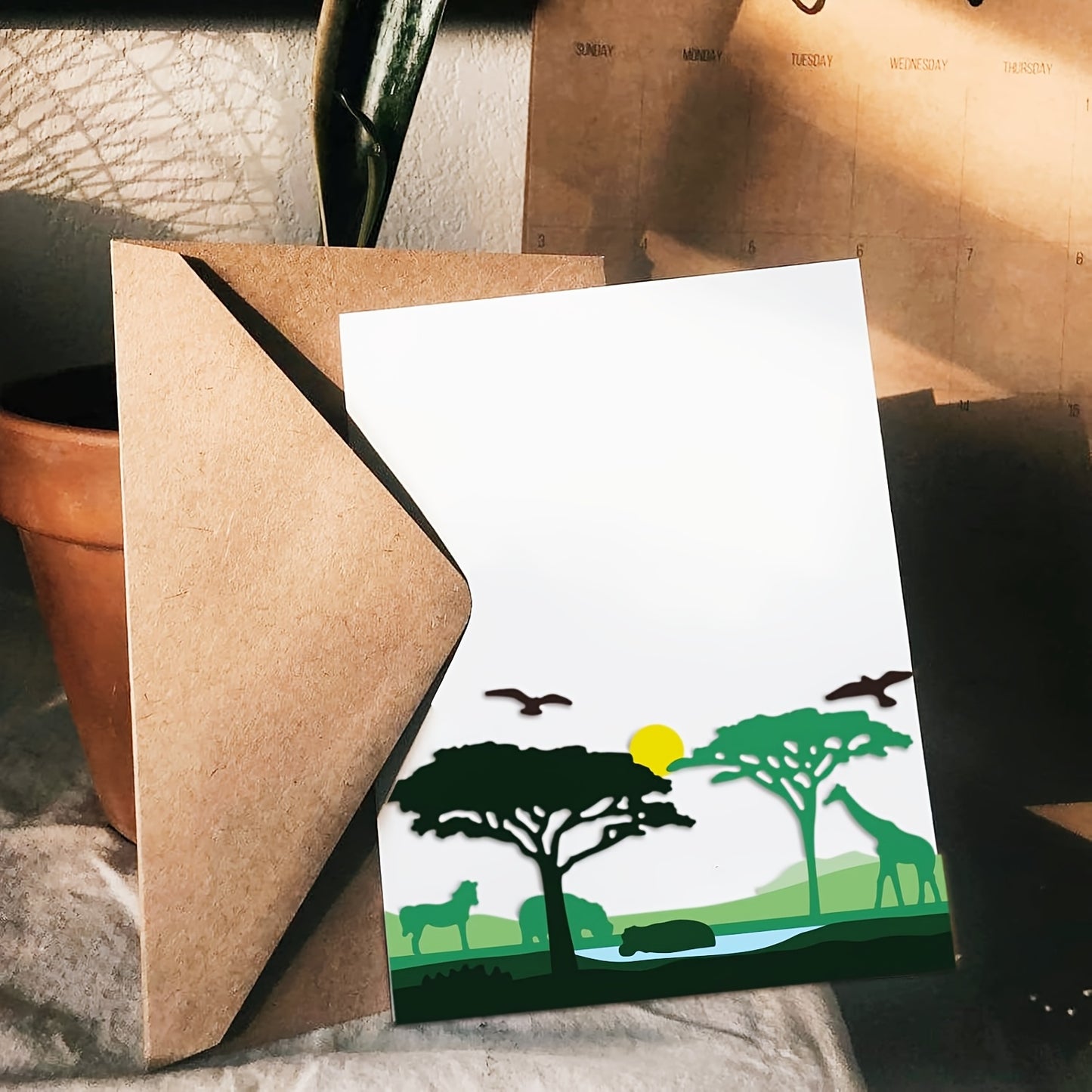Spring 1pc African Animals Giraffe Greeting Card Hippo Tree Bird Creativity Decoration Metal Cutting Dies for Crafts, Cut Dies for Card Making Suitable for Party, Wedding, Holiday, Greeting Card Gift, Stencils DIY Scrapbooking Cards Decorative Embossing P