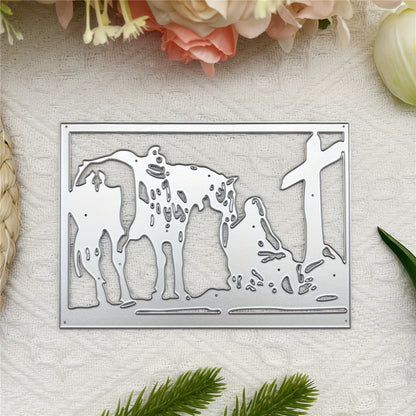 1pc Creativity Religion Cross Mourn Martyr Grave Gravestone Cross Horse Border Background Metal Die Cut Frame First Holy Communion Baptism Dies Stencils Embossing Template for DIY Scrapbooking, Greeting Card Cutting Dies for Artist Greetings Cards, Die Cu