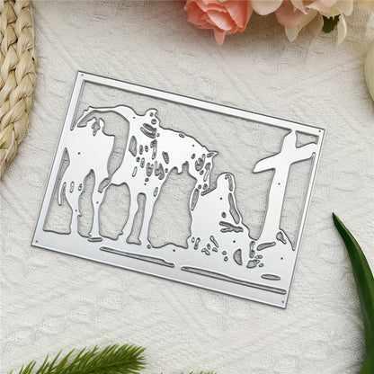 1pc Creativity Religion Cross Mourn Martyr Grave Gravestone Cross Horse Border Background Metal Die Cut Frame First Holy Communion Baptism Dies Stencils Embossing Template for DIY Scrapbooking, Greeting Card Cutting Dies for Artist Greetings Cards, Die Cu