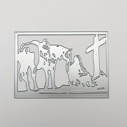1pc Creativity Religion Cross Mourn Martyr Grave Gravestone Cross Horse Border Background Metal Die Cut Frame First Holy Communion Baptism Dies Stencils Embossing Template for DIY Scrapbooking, Greeting Card Cutting Dies for Artist Greetings Cards, Die Cu